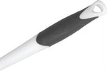 Close-up of a white brush handle with a black textured grip and triangular hanging hole at the end