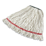 Close-up view of a white loop-end wet mop head showing twisted mop strands, green sewn headband and red woven trim along the bottom.