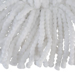 Close-up detail of twisted white microfiber strands showing textured bead-like sections.