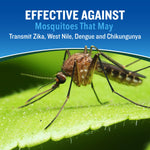 Close-up macro photo of a mosquito perched on a green leaf with header text noting effectiveness against disease-transmitting mosquitoes.