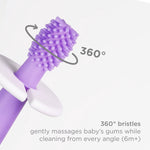 Close-up of the purple silicone toothbrush head showing dense 360° bristles and an illustrated rotation arrow with descriptive text.