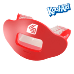Close-up red Shock Doctor adult Max AirFlow flavor lip guard with visible Kool‑Aid logo and translucent bite pads.