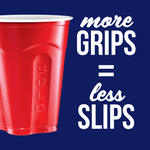 Close-up of a red Solo squared cup with embossed SOLO logo and text graphic