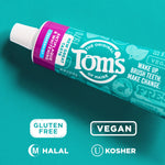 Angled close-up of Tom’s toothpaste tube showing brand logo and certification icons for vegan, halal and kosher