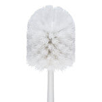 Close-up front view of dense white bristles on a toilet bowl brush head against a white background
