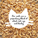 Close-up of light brown whole grain seeds filling the frame with a white cat-head graphic overlay describing a proprietary wheat, oat, rye, barley blend.