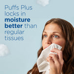 Close-up of woman wiping her face with a tissue alongside copy claiming Puffs Plus locks in moisture better than regular tissues