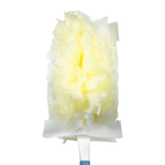 Close-up head-on view of a pale yellow fluffy duster refill mounted on a white plastic handle against white background