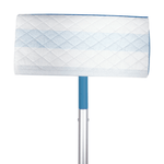 White quilted disposable mop cloth fitted over a flat mop head, showing texture and blue accent strip