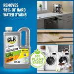 Product lifestyle graphic showing CLR 28 fl oz jug and photos of dishwasher, outdoor cleaning and laundry with plant-based badge