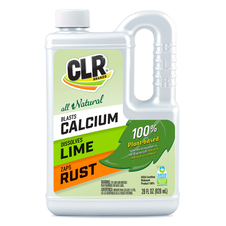 CLR all‑Natural bottle front view showing label: blasts calcium, dissolves lime, zaps rust and 100% plant‑based badge