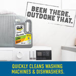 CLR 28 fl oz bottle shown atop a washing machine with text 'Quickly cleans washing machines & dishwashers' and stamped slogan