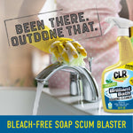Close-up of gloved hand scrubbing a faucet with foam, CLR Brilliant Bath bottle at right and slogan 'Bleach-Free Soap Scum Blaster'