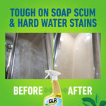 Before-and-after shower door photos with CLR Brilliant Bath bottle at bottom and headline 'Tough on Soap Scum & Hard Water Stains'