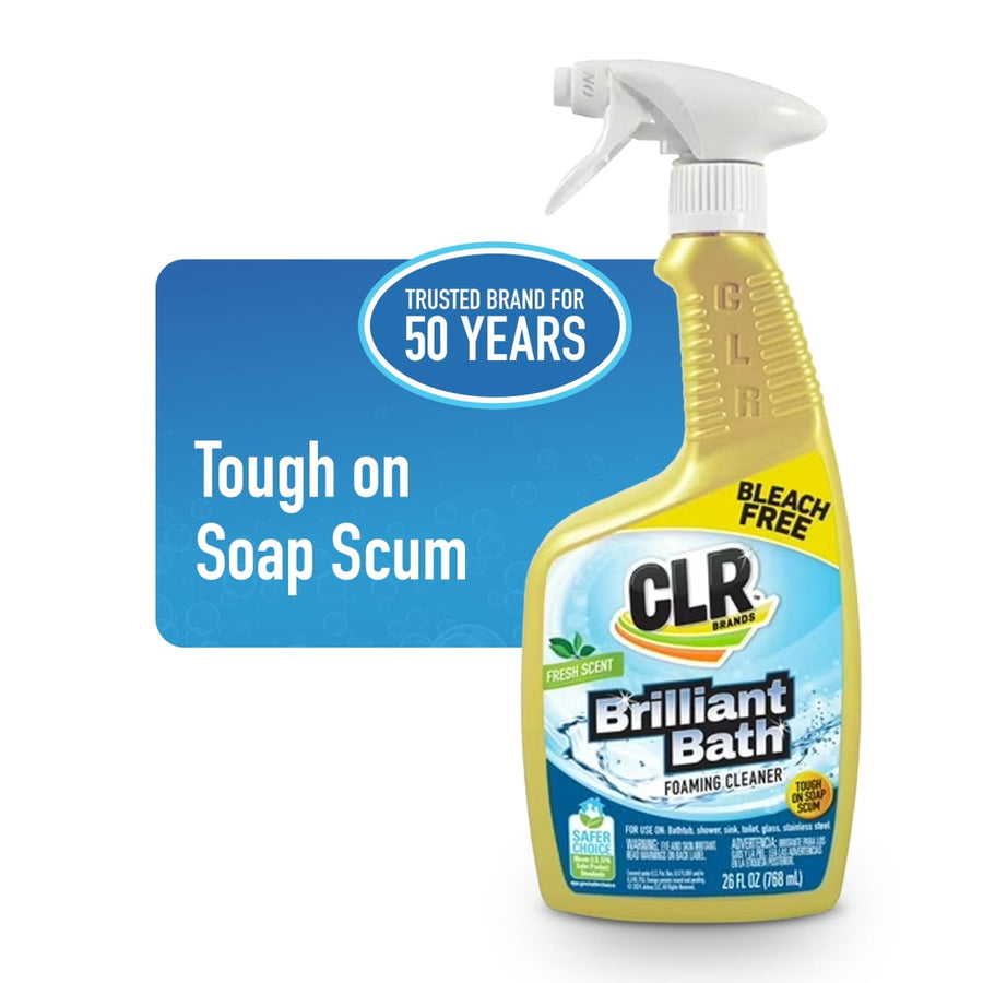 CLR Brilliant Bath foaming cleaner spray bottle with label visible against blue panel reading 'Tough on Soap Scum'