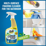 CLR Brilliant Bath bottle with montage of bathroom cleaning scenes and 'Fresh Scent' banner on blue background