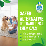 Promotional panel with family and dog at left and green text claiming 'Safer alternative to traditional chemicals' with Safer Choice logo