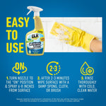 Instructional graphic showing CLR Brilliant Bath bottle, gloved hand wiping tile, and three-step usage directions on blue background