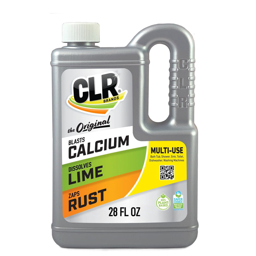 Gray plastic jug of CLR calcium, lime & rust remover with colorful label and 28 fl oz marking