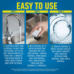Instructional graphic showing three steps for using CLR Garbage Disposal pods with photos of sink, hand and foaming action