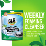 CLR Garbage Disposal pouch shown against a green background with bold text ‘weekly foaming cleanser’ and features