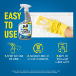 Instructional panel showing CLR bottle, hand with sponge wiping tile, and three step icons for easy use.