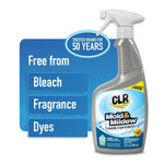 CLR Mold & Mildew foaming stain remover spray bottle shown with blue callouts listing “Free from bleach, fragrance, dyes.”