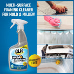 CLR Mold & Mildew foaming cleaner bottle with images of cleaning uses and “fragrance free” badge.