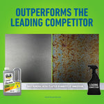 Comparison graphic showing clean metal panel versus rusted metal with CLR 28 fl oz jug and leading competitor silhouette