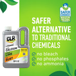Green promotional panel stating safer alternative to traditional chemicals alongside an image of the CLR 28 fl oz bottle and Safer Choice logo