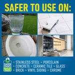 Grid of four photos (glass, scrubbing brush on tile, toilet bowl, open dishwasher) labeled 'Safer to use on' with CLR Safer Choice badge