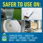 Small tiled graphic showing surfaces with caption ‘Safer to use on:’ including toilet, glass, floor and kitchen images