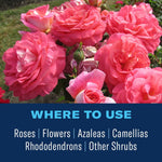Cluster of pink roses above a blue band listing where to use the product on roses, flowers, azaleas and other shrubs