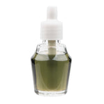 Full view of a clear glass fragrance oil refill bottle filled with greenish oil and topped with a white plastic cap