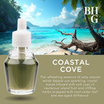 Coastal beach scene background with a close-up of a Coastal Cove fragrance oil bottle and BHG logo
