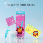 COCOLAB boxed kids flosser set with refill pack and turquoise flosser arranged with floating soap bubbles and 'Made for Little Smiles' text