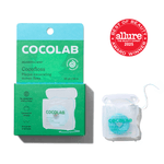 COCOLAB Delightful Mint Cocofloss boxed packaging and translucent refill spool shown on white background with award badge