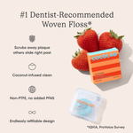 COCOLAB Cocofloss product box and translucent floss case displayed next to strawberries with benefits text and icons