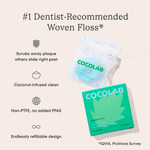Infographic-style image of COCOLAB Cocofloss spool and box with benefits listed like coconut-infused and refillable design