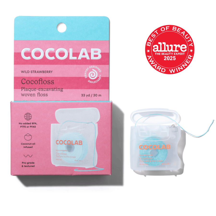 COCOLAB Cocofloss wild strawberry boxed refill pack with translucent floss case and Allure award badge on white background