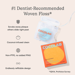 Cocolab Cocofloss refill case and orange box with text callouts about woven floss, coconut-infused clean and refillable design on pale background