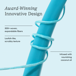 Macro image of blue woven floss wrapped around a cylindrical object with text calling out innovative design and scrubbing texture