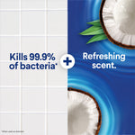 Split graphic: tiled surface on left and coconut over blue swirls on right with text 'Kills 99.9% of bacteria'