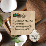 Close-up graphic of coconuts and a wooden panel listing coconut MCT oil, geraniol, lemongrass and rosemary oils