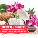 Coconuts and pink tropical flowers with a Hawaiian Sunrise label and a small vent graphic describing the fragrance