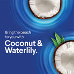 Close-up coconut halves over blue waterlike swirls with text promoting 'Coconut & Waterlily' scent