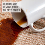 Spilled coffee cup on textured carpet with overlay text reading “PERMANENTLY REMOVE TOUGH, COLORED STAINS”