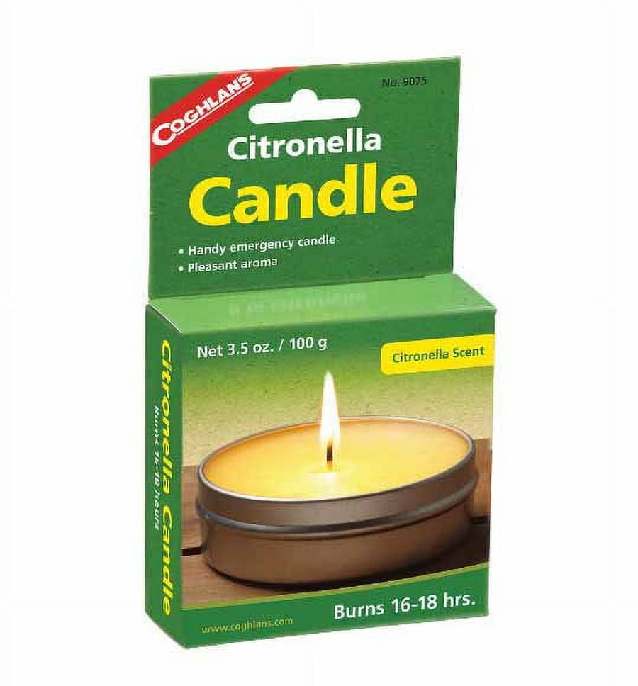 Green retail box for Coghlan's citronella candle showing lit tin and burn-time text