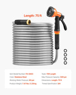Coiled stainless-steel garden hose with orange-black spray nozzle and four rubber washers, text states 75 ft