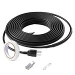 Coiled black heated pipe cable with grounded plug, roll of heat‑sensitive tape and metal clips
